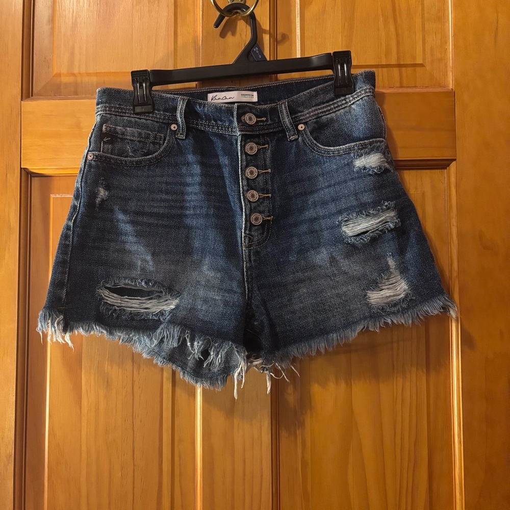 KanCan Women's Dark Blue Frayed Jean Shorts